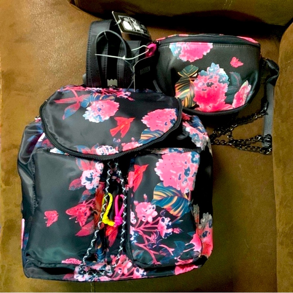 STEVE MADDEN BILLY BLACK FLORAL 2-FOR-1 BACKPACK & BELT BAG